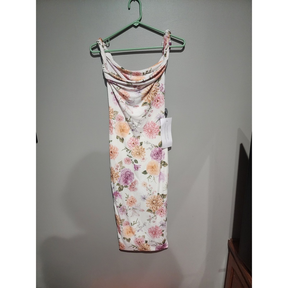 Club L London Nara White Floral Twisted Asymmetric Midi Dress UK 6 US 2